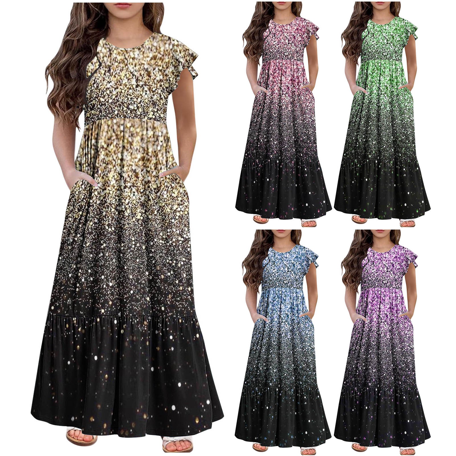 Clearance Girls Casual Maxi Dress Ruffles Short Sleeve Holiday Princess Dresses with Pockets for Girls 6-12 Years